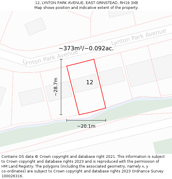 12, LYNTON PARK AVENUE, EAST GRINSTEAD, RH19 3XB: Plot and title map