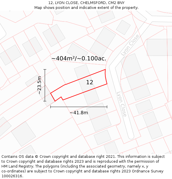 12, LYON CLOSE, CHELMSFORD, CM2 8NY: Plot and title map