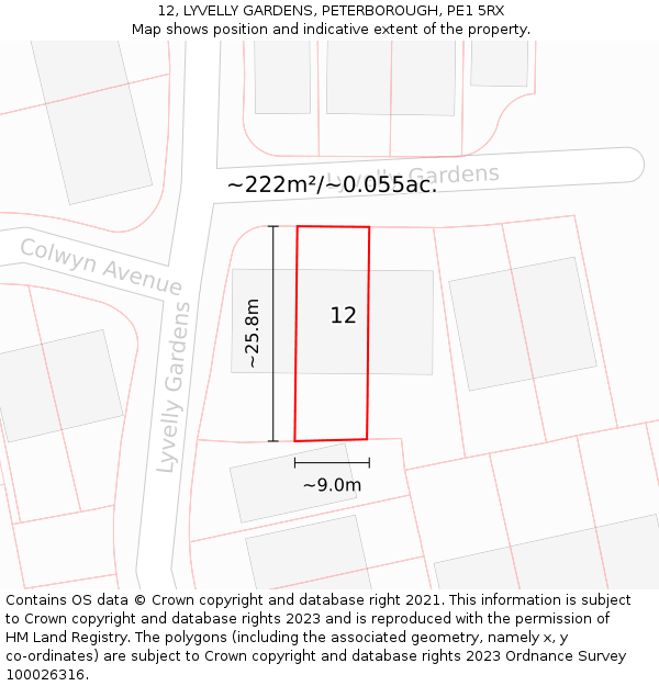 12, LYVELLY GARDENS, PETERBOROUGH, PE1 5RX: Plot and title map