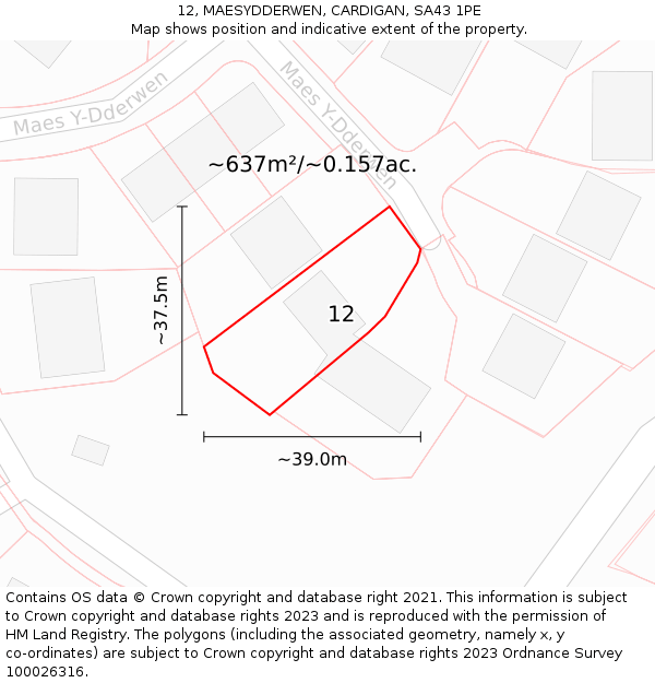 12, MAESYDDERWEN, CARDIGAN, SA43 1PE: Plot and title map