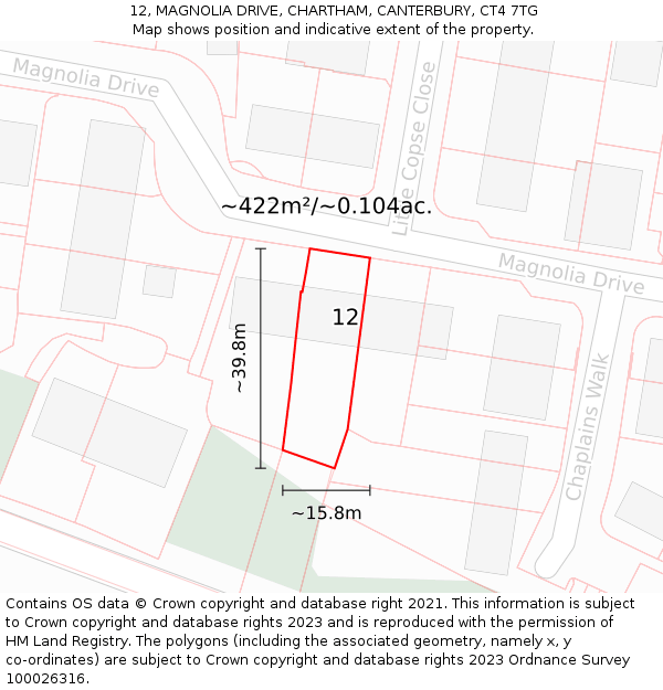 12, MAGNOLIA DRIVE, CHARTHAM, CANTERBURY, CT4 7TG: Plot and title map