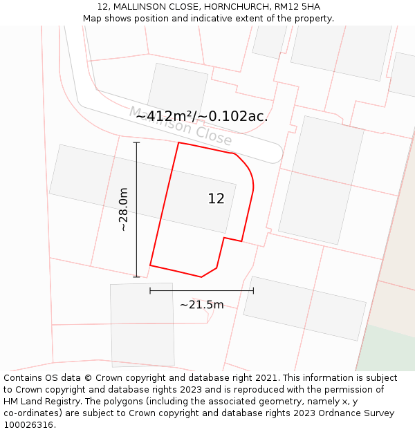 12, MALLINSON CLOSE, HORNCHURCH, RM12 5HA: Plot and title map