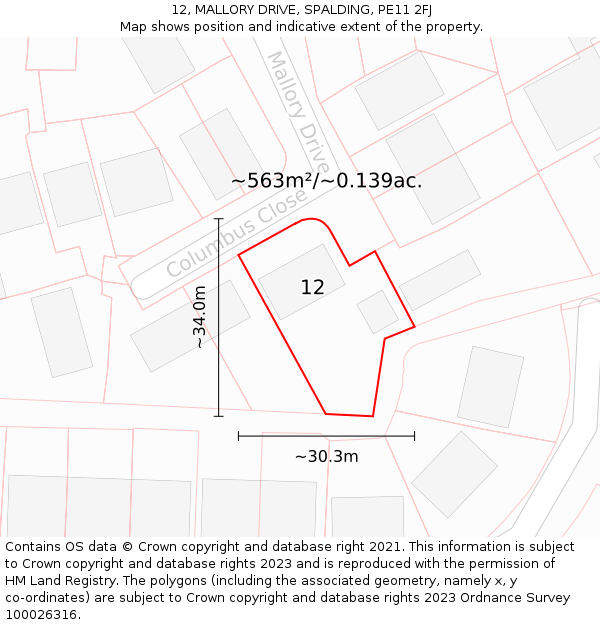 12, MALLORY DRIVE, SPALDING, PE11 2FJ: Plot and title map