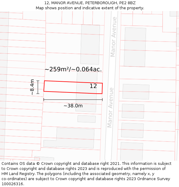 12, MANOR AVENUE, PETERBOROUGH, PE2 8BZ: Plot and title map