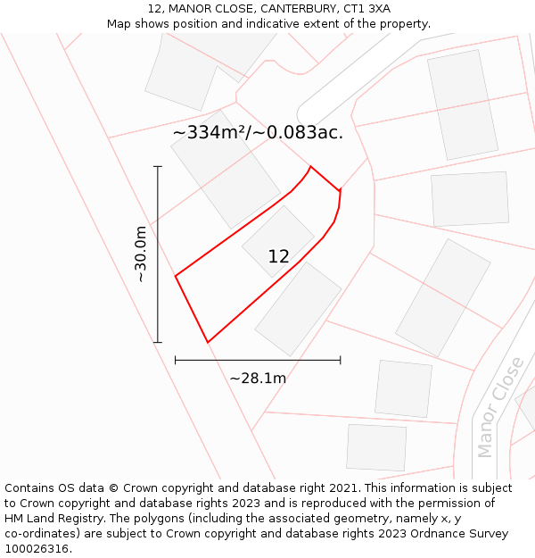 12, MANOR CLOSE, CANTERBURY, CT1 3XA: Plot and title map