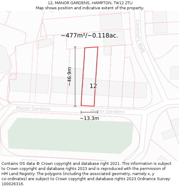 12, MANOR GARDENS, HAMPTON, TW12 2TU: Plot and title map