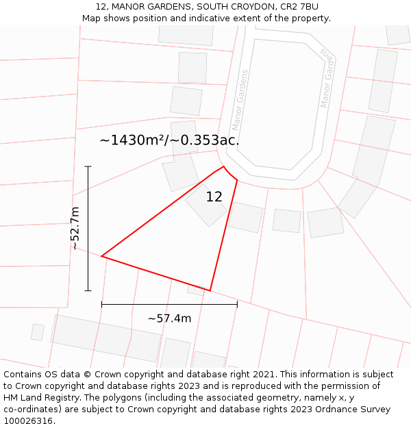 12, MANOR GARDENS, SOUTH CROYDON, CR2 7BU: Plot and title map