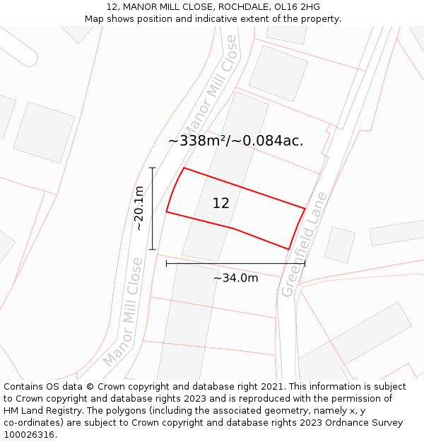 12, MANOR MILL CLOSE, ROCHDALE, OL16 2HG: Plot and title map