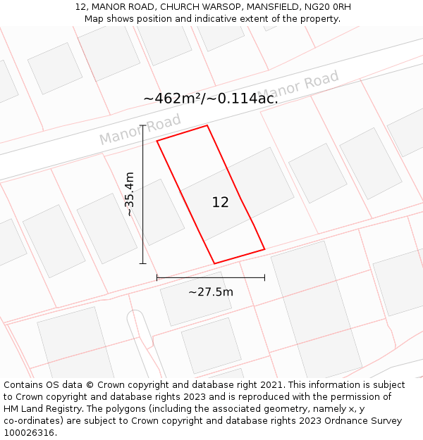 12, MANOR ROAD, CHURCH WARSOP, MANSFIELD, NG20 0RH: Plot and title map