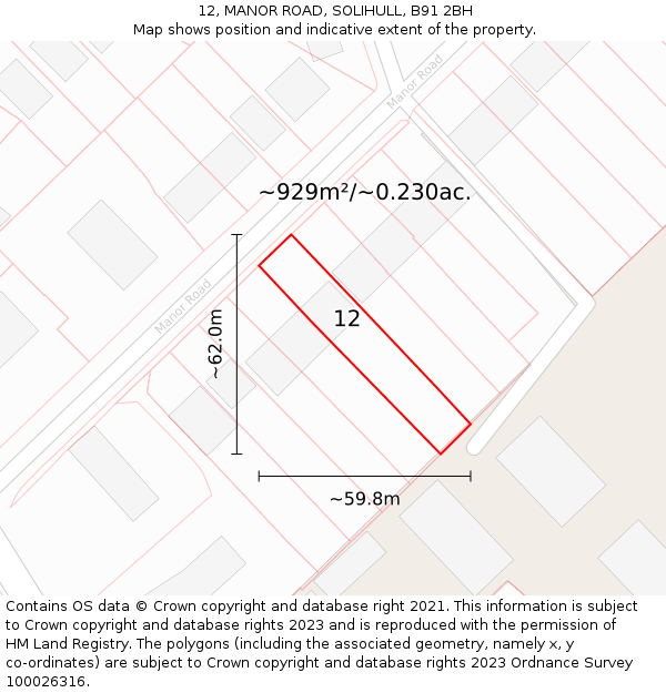 12, MANOR ROAD, SOLIHULL, B91 2BH: Plot and title map