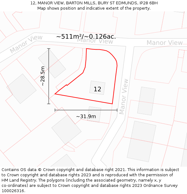 12, MANOR VIEW, BARTON MILLS, BURY ST EDMUNDS, IP28 6BH: Plot and title map