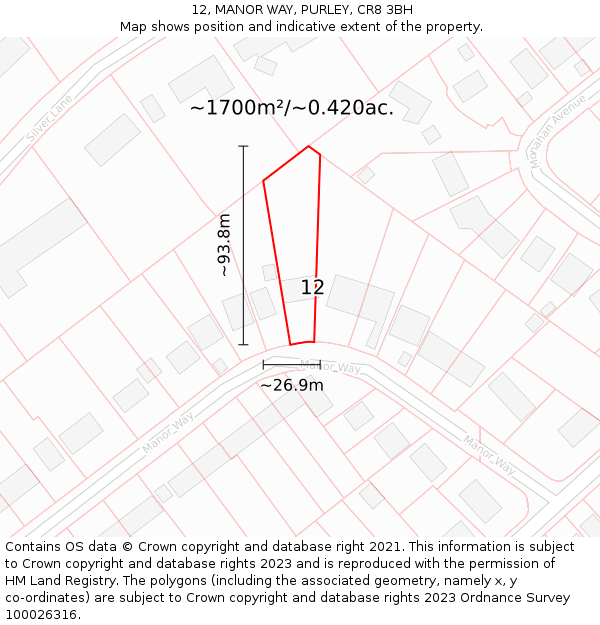 12, MANOR WAY, PURLEY, CR8 3BH: Plot and title map