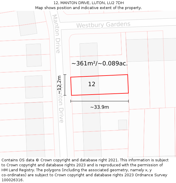 12, MANTON DRIVE, LUTON, LU2 7DH: Plot and title map