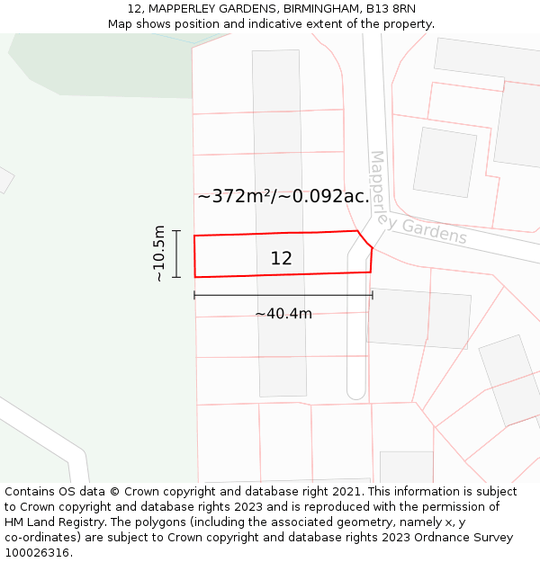 12, MAPPERLEY GARDENS, BIRMINGHAM, B13 8RN: Plot and title map