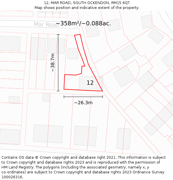 12, MAR ROAD, SOUTH OCKENDON, RM15 6QT: Plot and title map