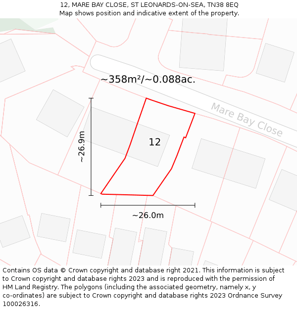 12, MARE BAY CLOSE, ST LEONARDS-ON-SEA, TN38 8EQ: Plot and title map