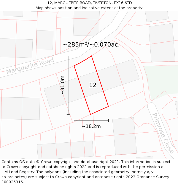 12, MARGUERITE ROAD, TIVERTON, EX16 6TD: Plot and title map