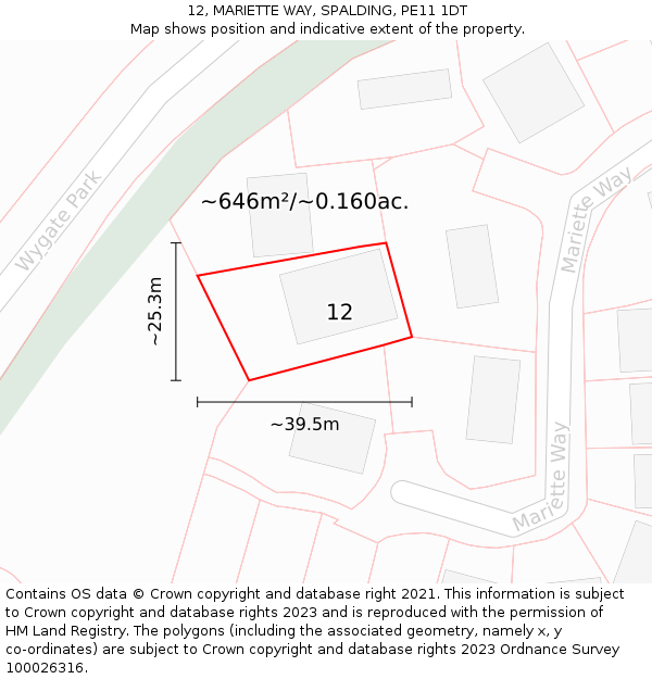 12, MARIETTE WAY, SPALDING, PE11 1DT: Plot and title map