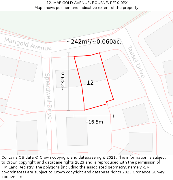 12, MARIGOLD AVENUE, BOURNE, PE10 0PX: Plot and title map