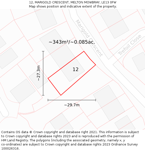 12, MARIGOLD CRESCENT, MELTON MOWBRAY, LE13 0FW: Plot and title map