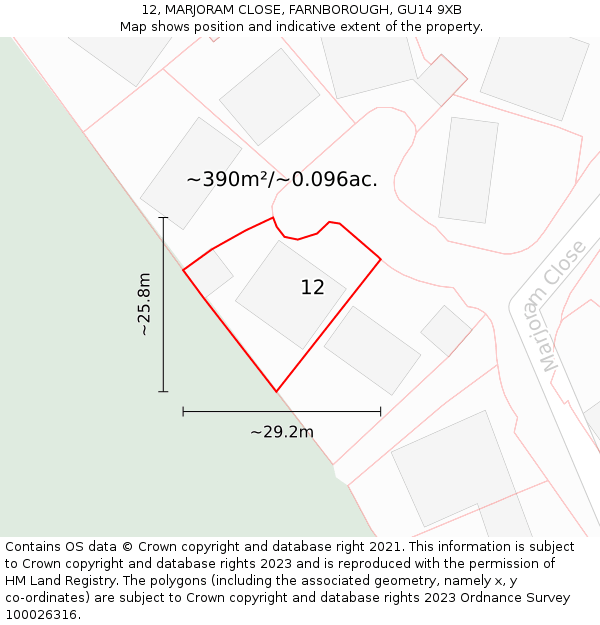 12, MARJORAM CLOSE, FARNBOROUGH, GU14 9XB: Plot and title map