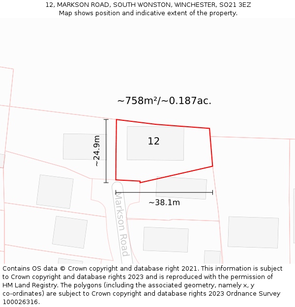 12, MARKSON ROAD, SOUTH WONSTON, WINCHESTER, SO21 3EZ: Plot and title map