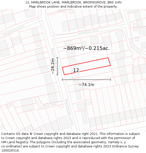 12, MARLBROOK LANE, MARLBROOK, BROMSGROVE, B60 1HN: Plot and title map