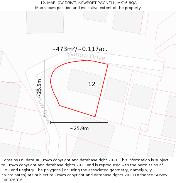 12, MARLOW DRIVE, NEWPORT PAGNELL, MK16 8QA: Plot and title map