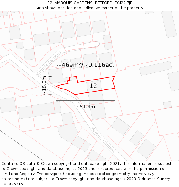 12, MARQUIS GARDENS, RETFORD, DN22 7JB: Plot and title map