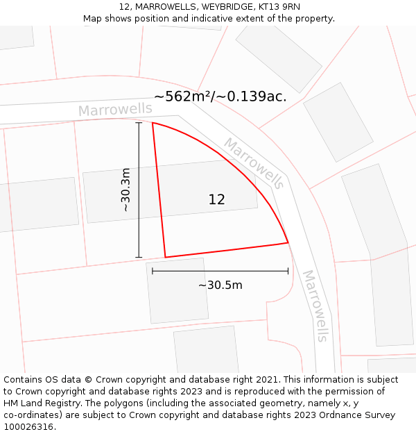 12, MARROWELLS, WEYBRIDGE, KT13 9RN: Plot and title map