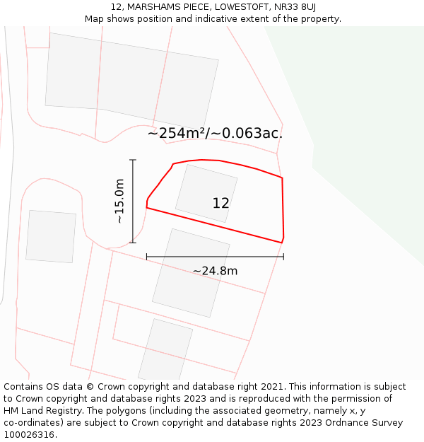 12, MARSHAMS PIECE, LOWESTOFT, NR33 8UJ: Plot and title map