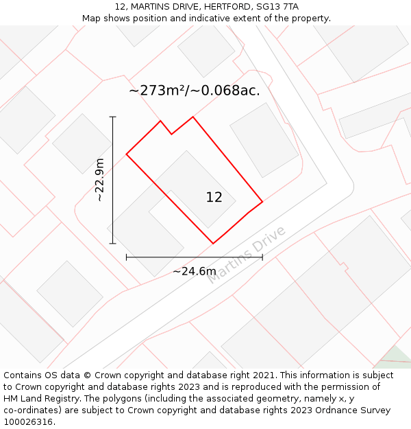 12, MARTINS DRIVE, HERTFORD, SG13 7TA: Plot and title map