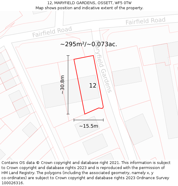 12, MARYFIELD GARDENS, OSSETT, WF5 0TW: Plot and title map