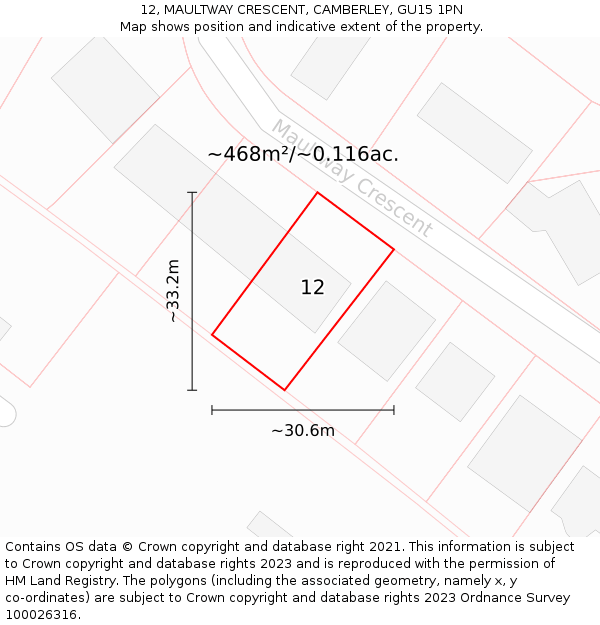 12, MAULTWAY CRESCENT, CAMBERLEY, GU15 1PN: Plot and title map