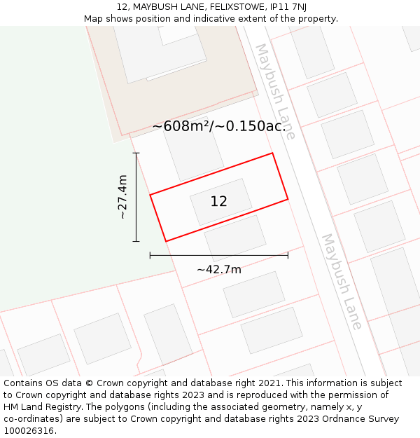 12, MAYBUSH LANE, FELIXSTOWE, IP11 7NJ: Plot and title map