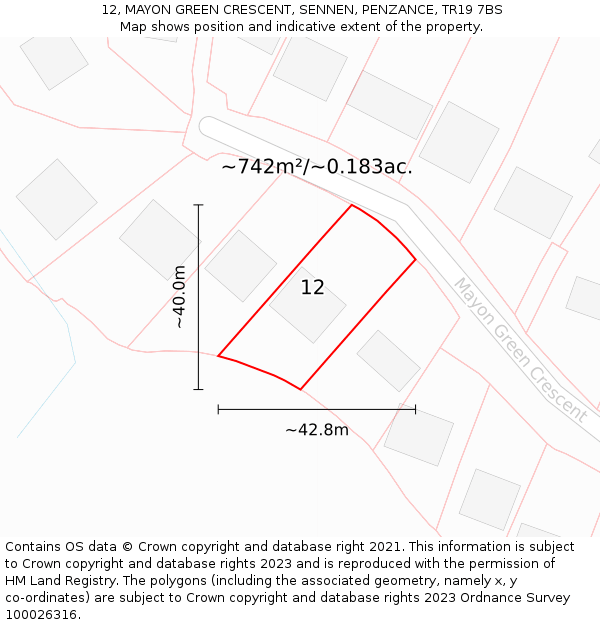 12, MAYON GREEN CRESCENT, SENNEN, PENZANCE, TR19 7BS: Plot and title map