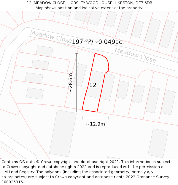 12, MEADOW CLOSE, HORSLEY WOODHOUSE, ILKESTON, DE7 6DR: Plot and title map