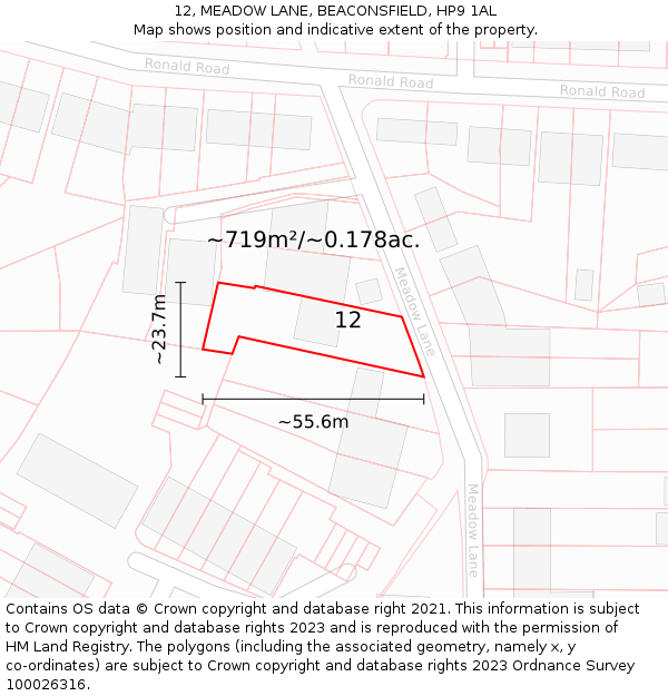 12, MEADOW LANE, BEACONSFIELD, HP9 1AL: Plot and title map