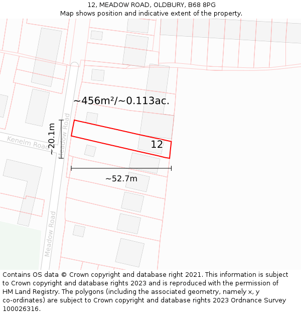 12, MEADOW ROAD, OLDBURY, B68 8PG: Plot and title map