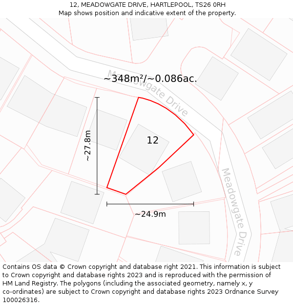 12, MEADOWGATE DRIVE, HARTLEPOOL, TS26 0RH: Plot and title map