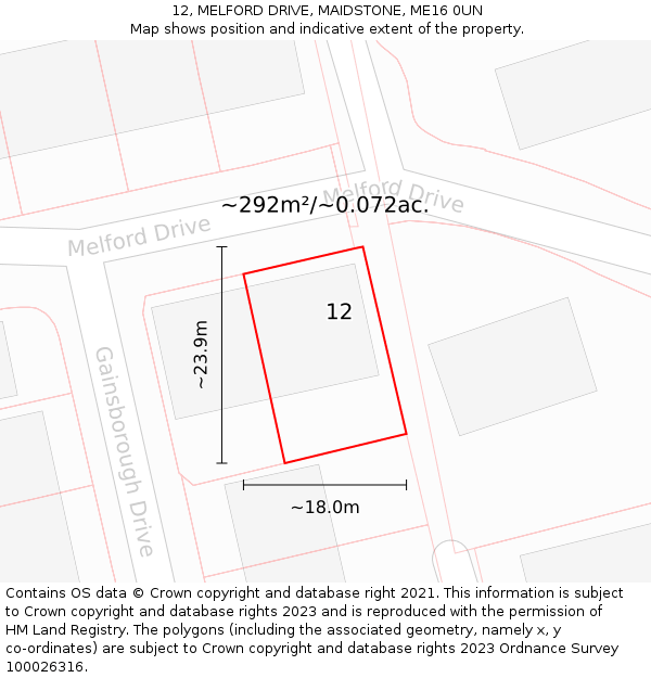 12, MELFORD DRIVE, MAIDSTONE, ME16 0UN: Plot and title map