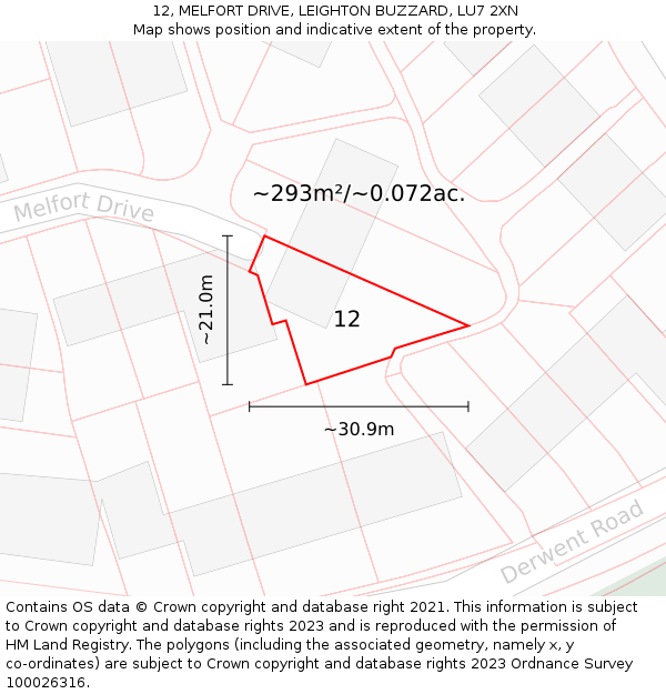 12, MELFORT DRIVE, LEIGHTON BUZZARD, LU7 2XN: Plot and title map