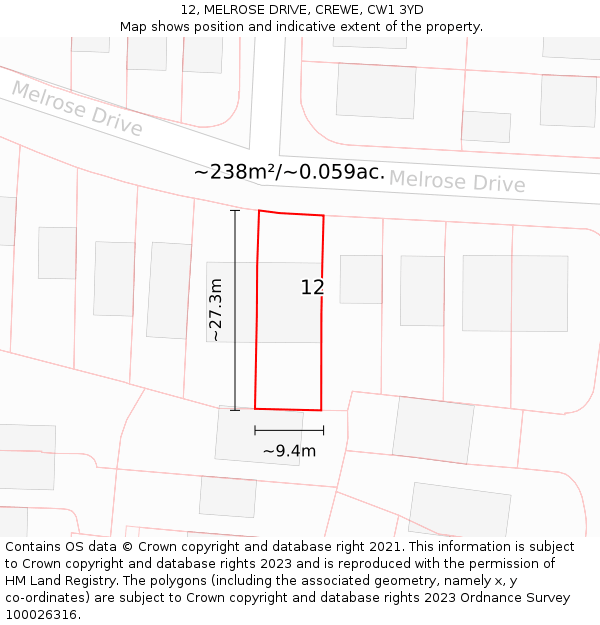 12, MELROSE DRIVE, CREWE, CW1 3YD: Plot and title map