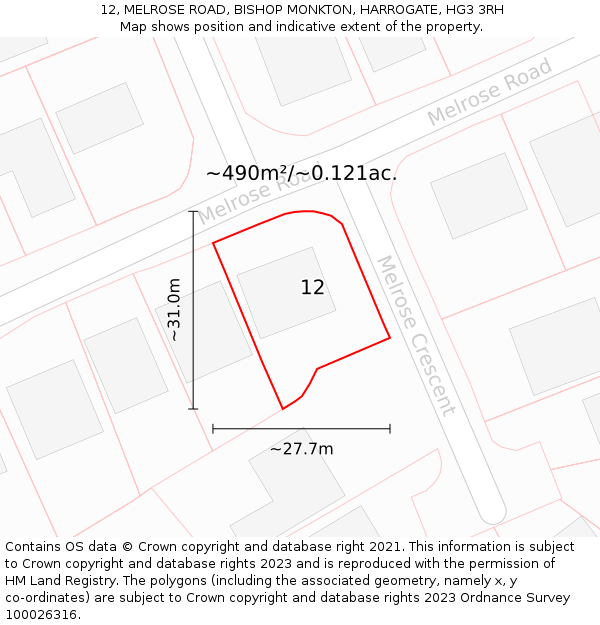 12, MELROSE ROAD, BISHOP MONKTON, HARROGATE, HG3 3RH: Plot and title map