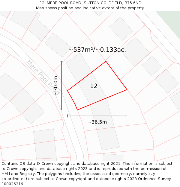 12, MERE POOL ROAD, SUTTON COLDFIELD, B75 6ND: Plot and title map