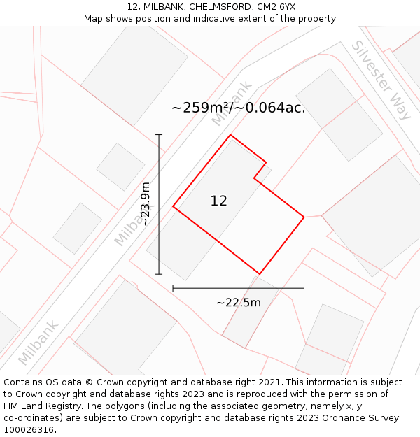 12, MILBANK, CHELMSFORD, CM2 6YX: Plot and title map