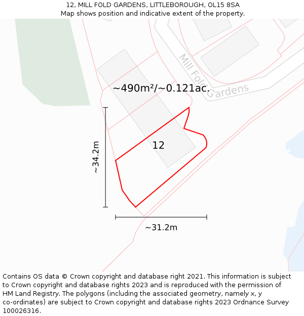 12, MILL FOLD GARDENS, LITTLEBOROUGH, OL15 8SA: Plot and title map