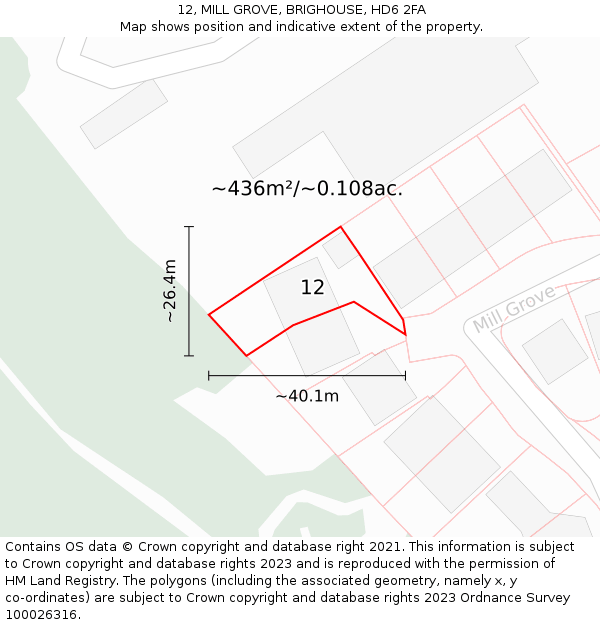 12, MILL GROVE, BRIGHOUSE, HD6 2FA: Plot and title map