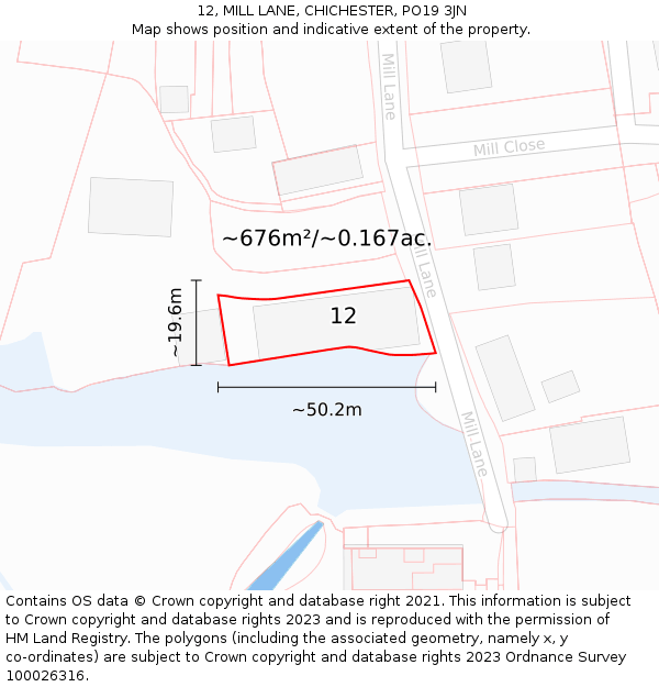 12, MILL LANE, CHICHESTER, PO19 3JN: Plot and title map