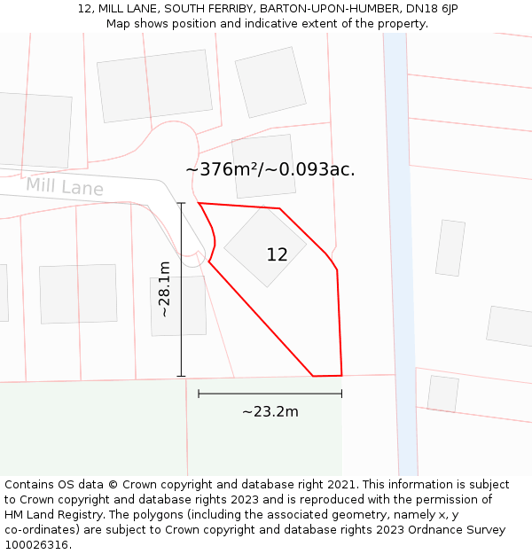 12, MILL LANE, SOUTH FERRIBY, BARTON-UPON-HUMBER, DN18 6JP: Plot and title map